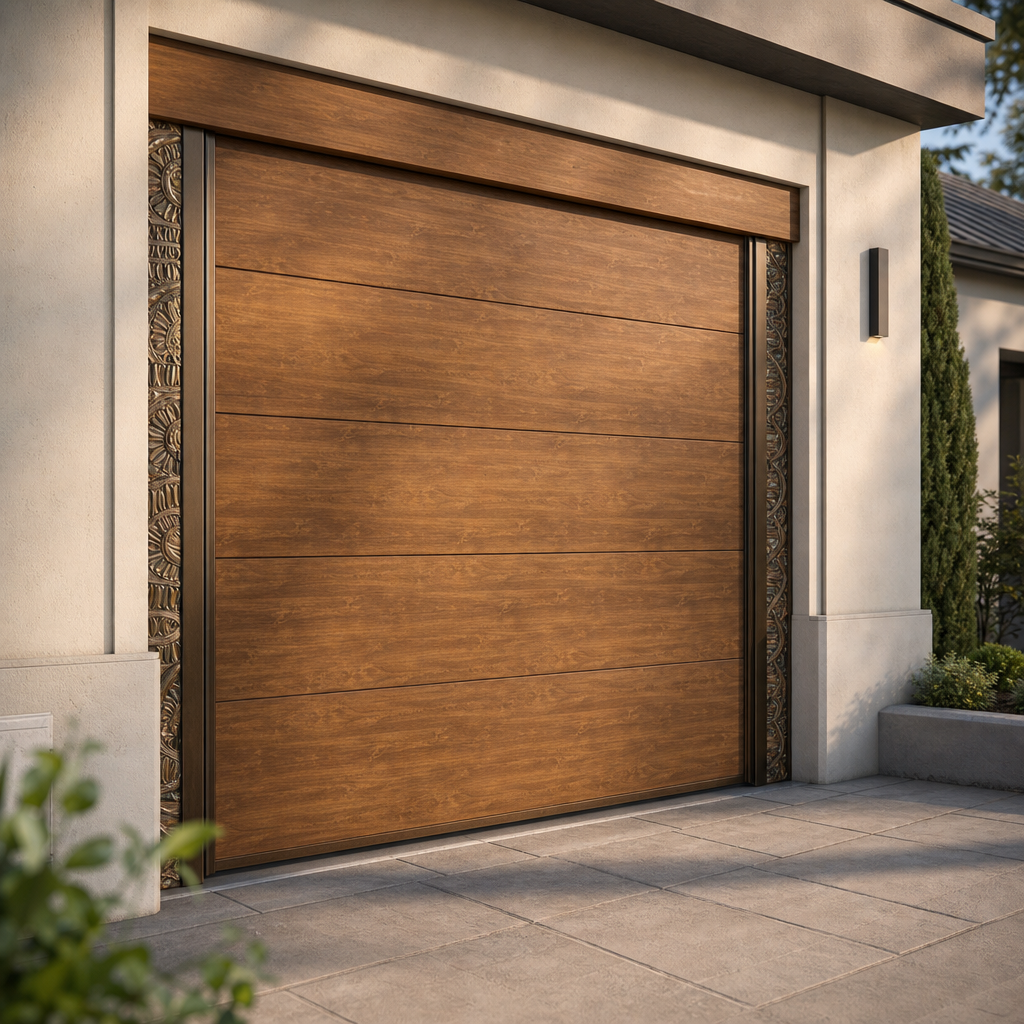 Puerta de garaje automática de madera instalada en vivienda