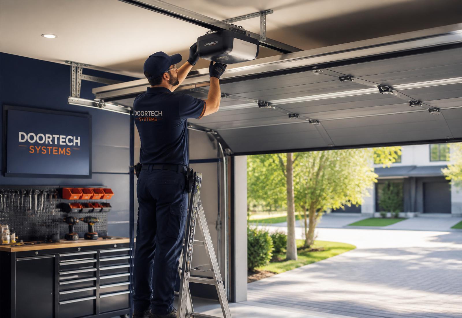 Técnico instalando un motor de puerta de garaje automática